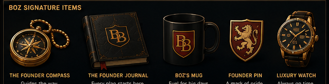 Boz signature items including compass, journal, mug, founder pin and watch